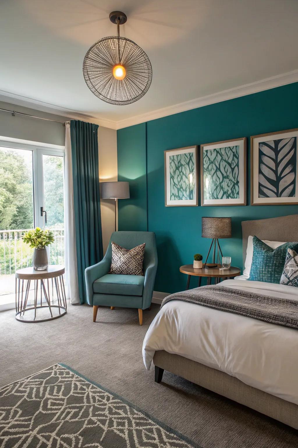 A guest room with modern teal accents for a fresh look.