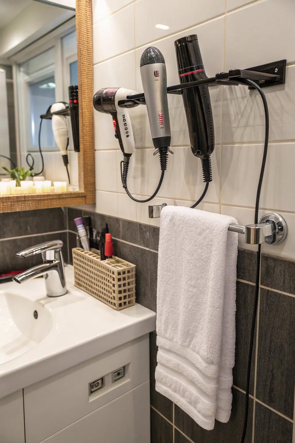 Space-efficient towel bar connectors for efficient tool storage.