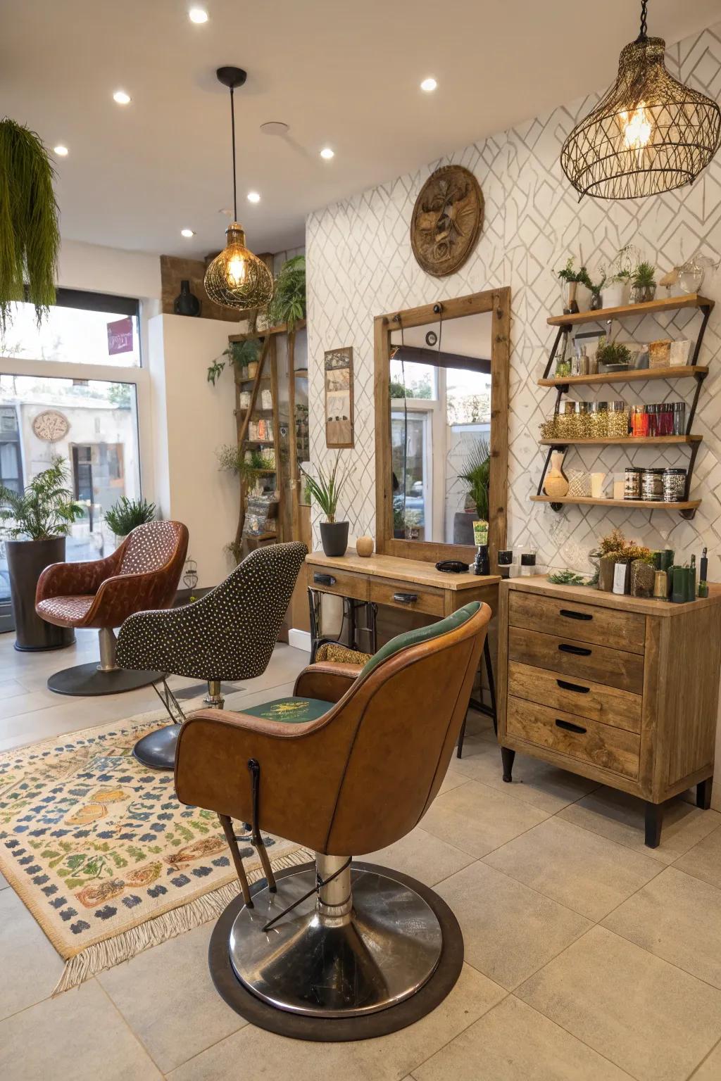 Reclaimed furnishings add both charm and character to your salon.
