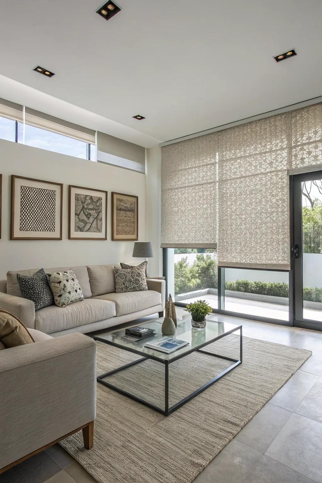 A modern living room featuring textured roller window coverings.