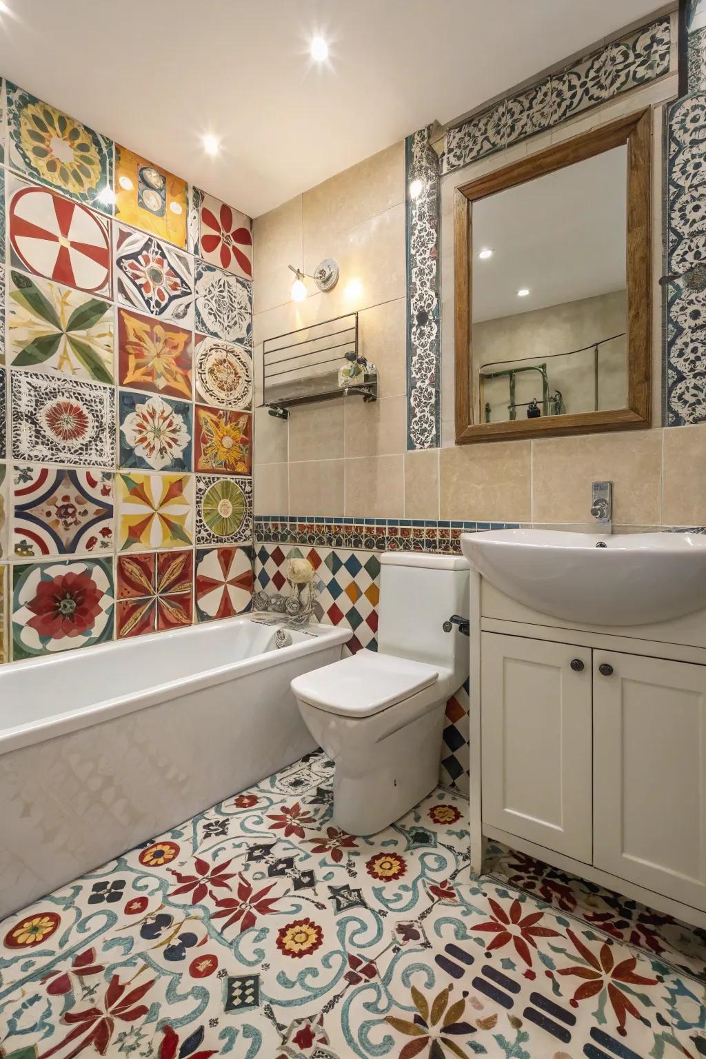 Bold patterns can transform a hall bathroom into a statement piece.