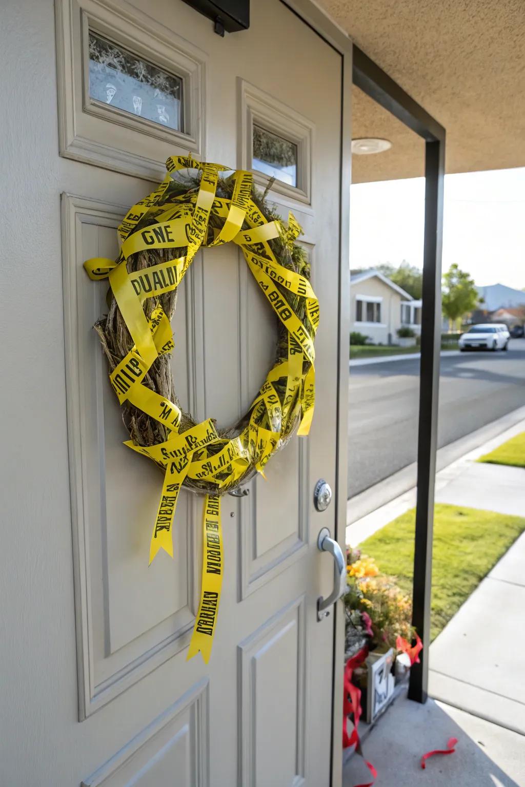 An original Halloween wreath made from warning ribbon.