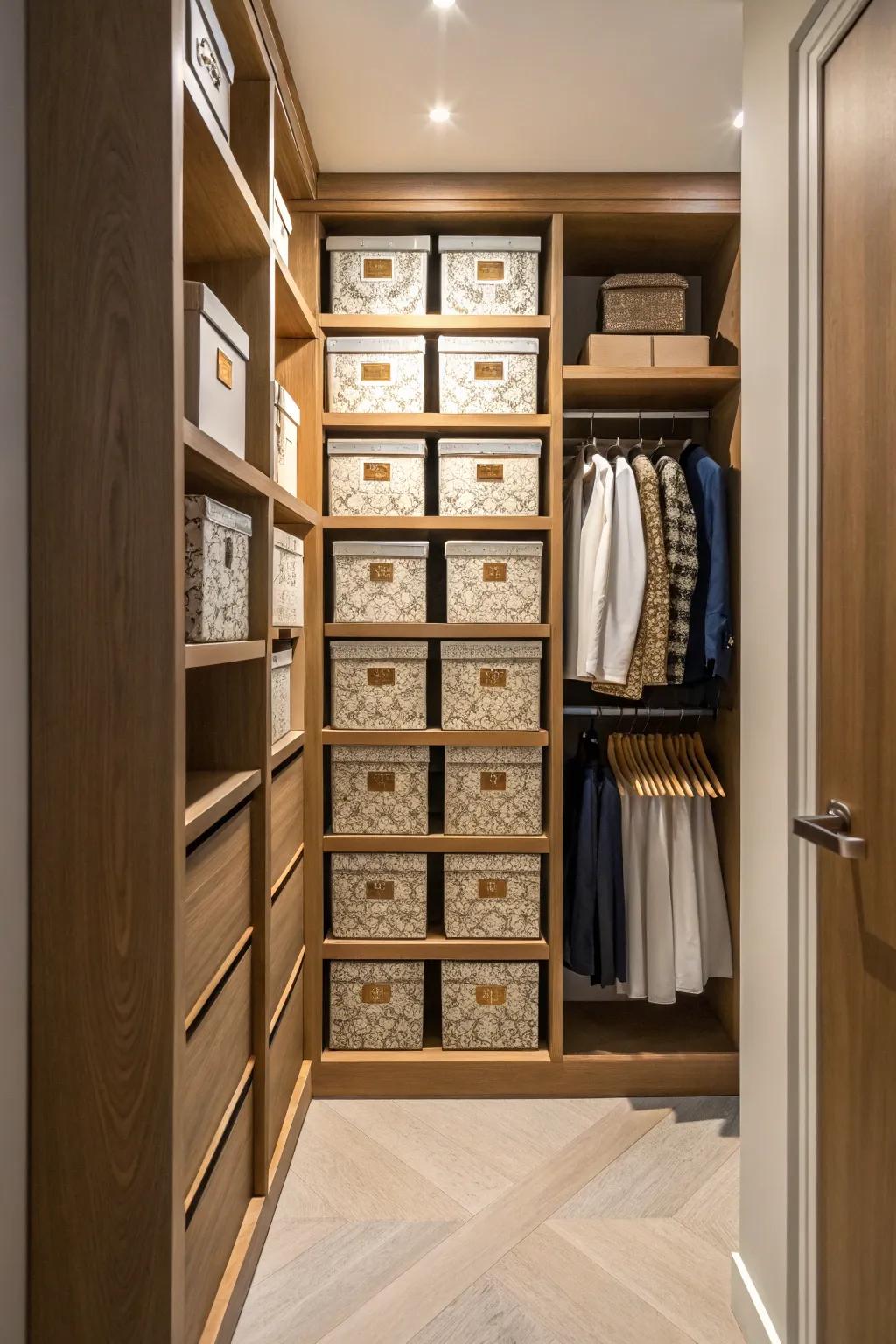 Artistic boxes in a corridor closet for a merge of elegance and usefulness.