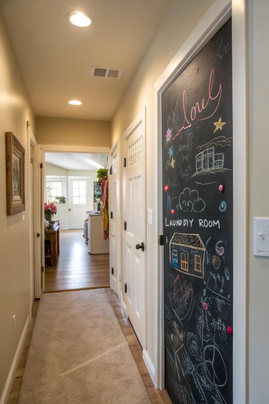 Sketchboard doors contribute inventiveness and function to a corridor washing space.
