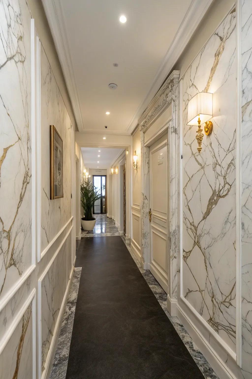 Simulated finishes append opulent texture to your corridor.