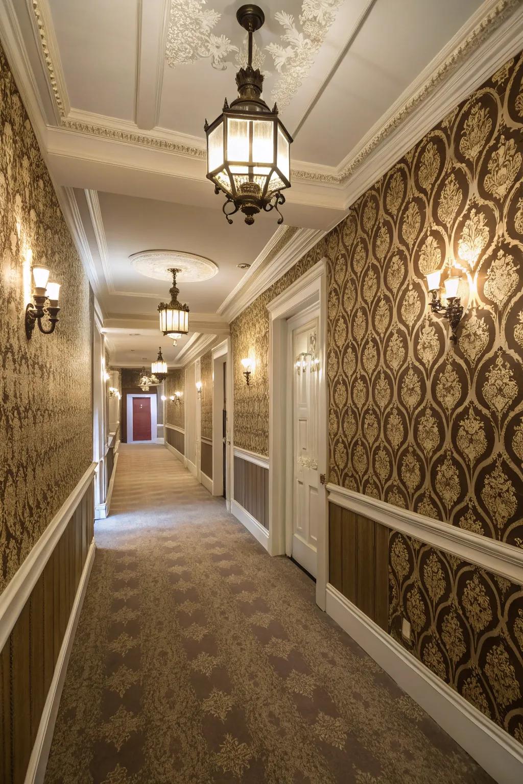 An elegant corridor with timeless ornamental paper.