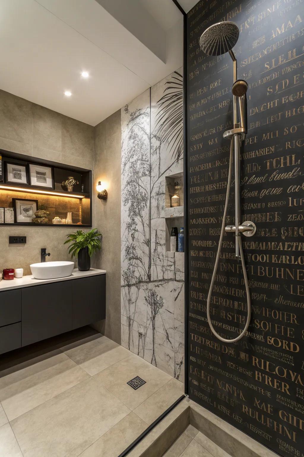 Transform your hand shower into an artistic centerpiece via a statement wall.
