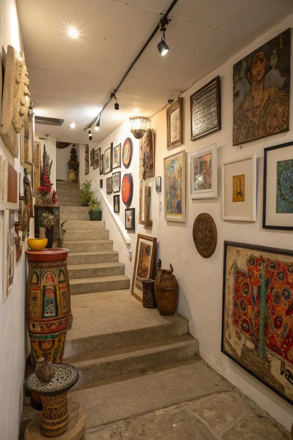 Create an inspiring space with an eclectic art gallery in your basement.