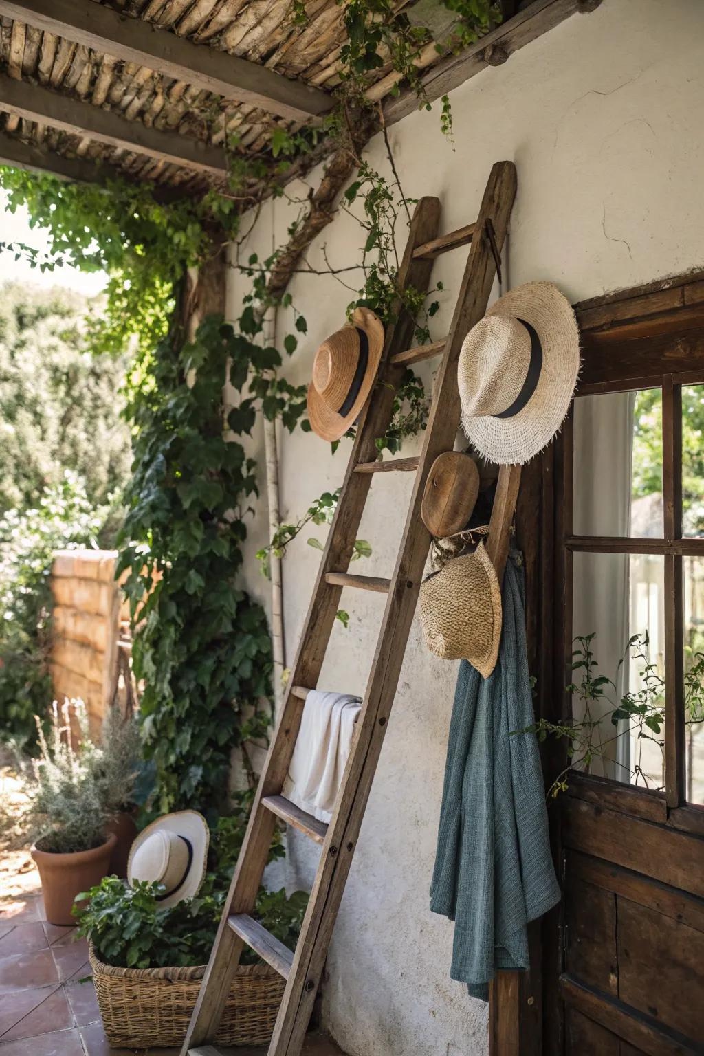 Hats on ladder display.