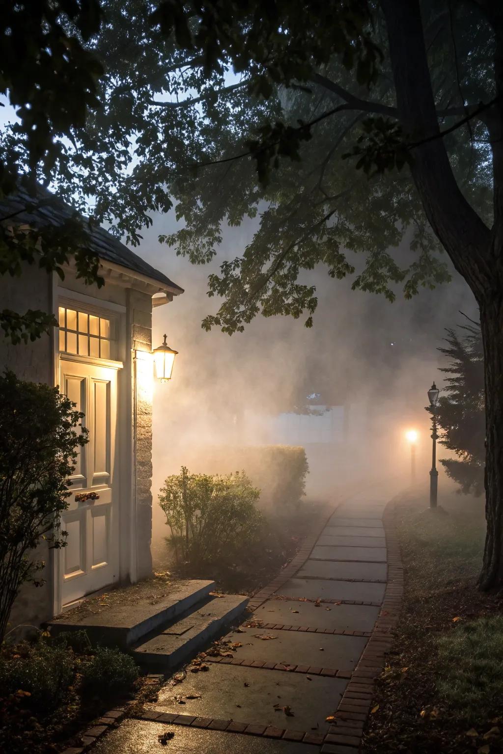 Fabricate an ethereal entrance via a mist machine, emitting a spooky fog.
