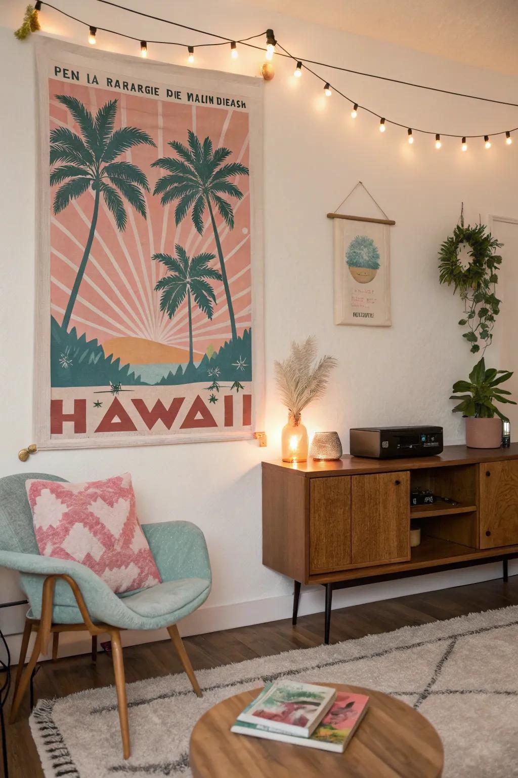 A retro island-themed artwork attaching charm to a mid-century contemporary room.