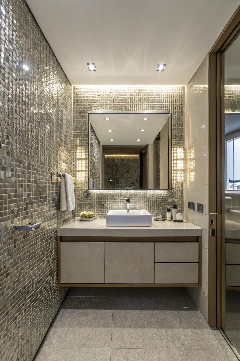 A mirrored mosaic giving hidden storage within a restroom.