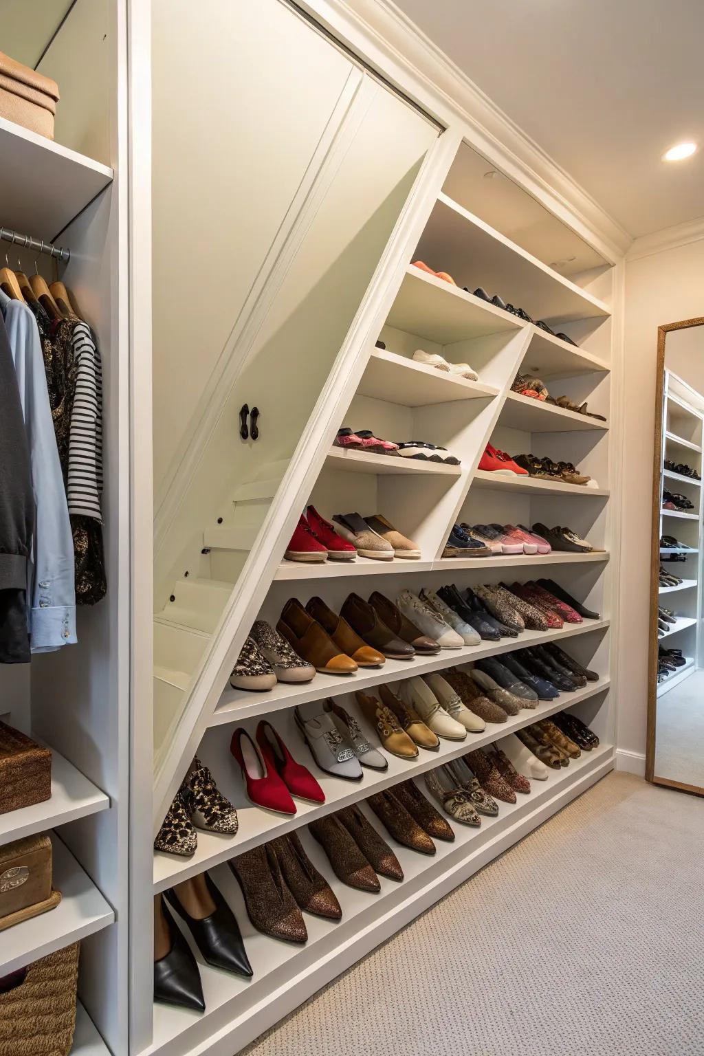 Slanted shelves provide visibility and easy access to your shoes.