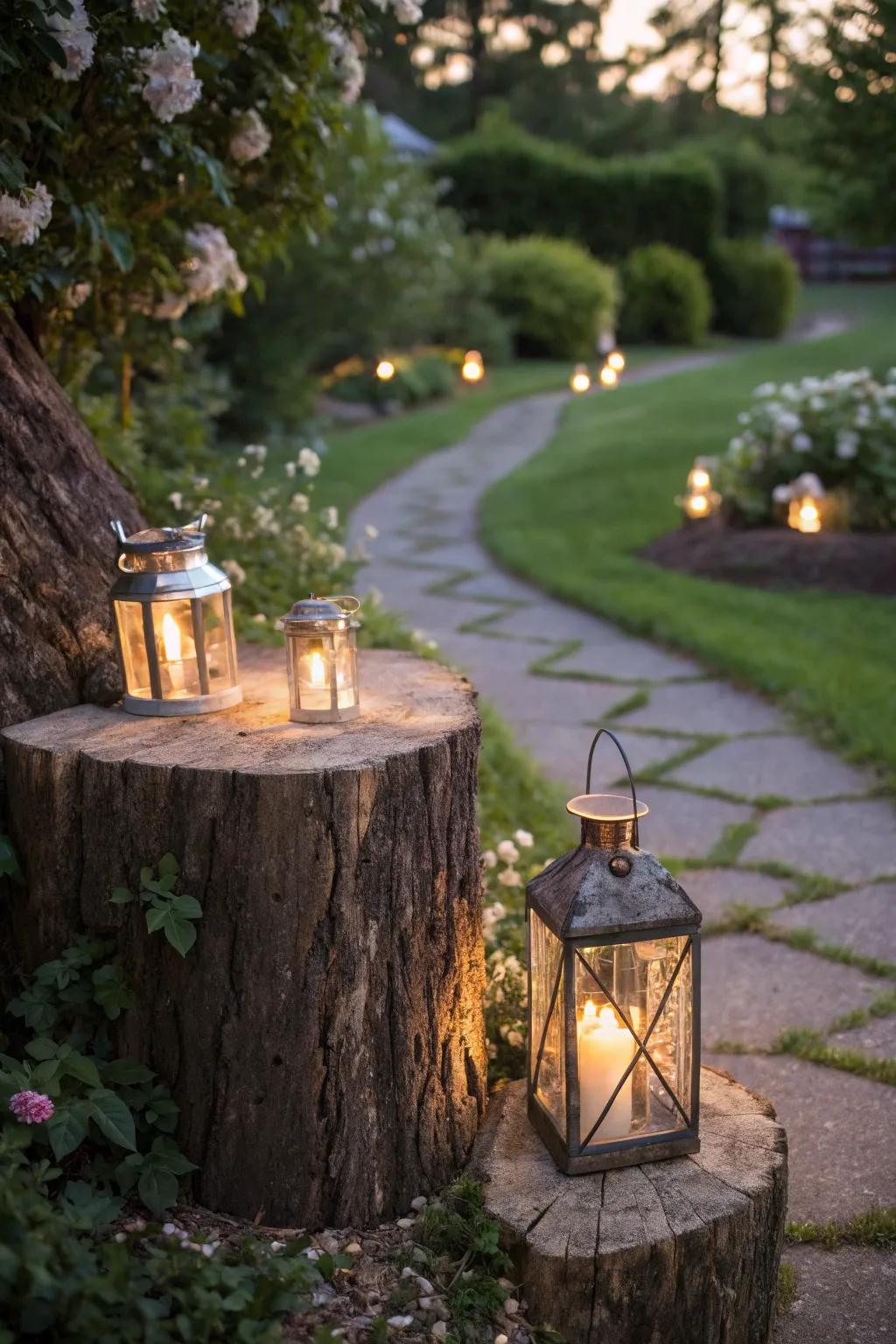A rustic lantern stand made from a tree stump lights up the garden path.