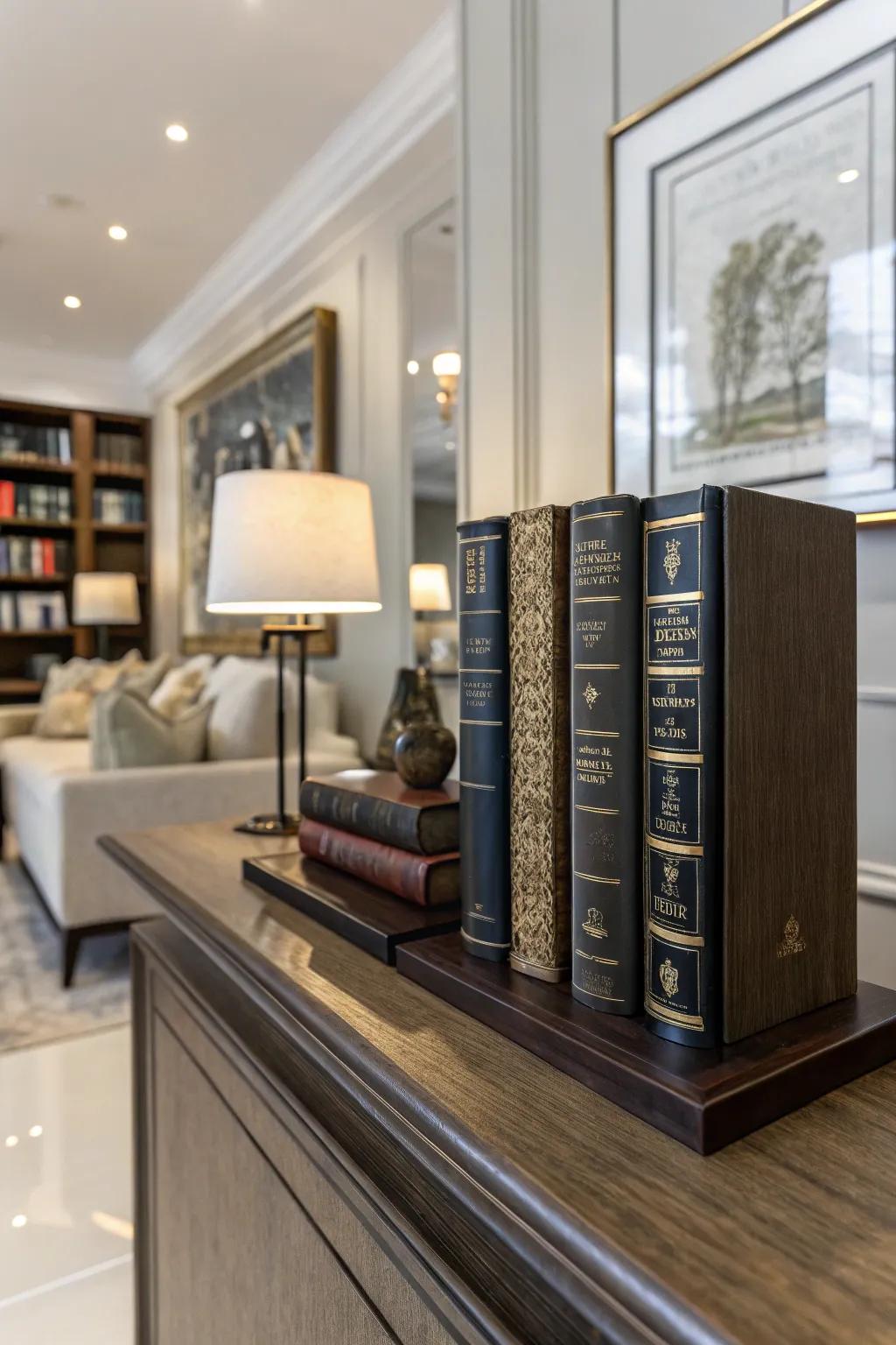 Elegant bookends that add a sophisticated touch to the bookshelf.