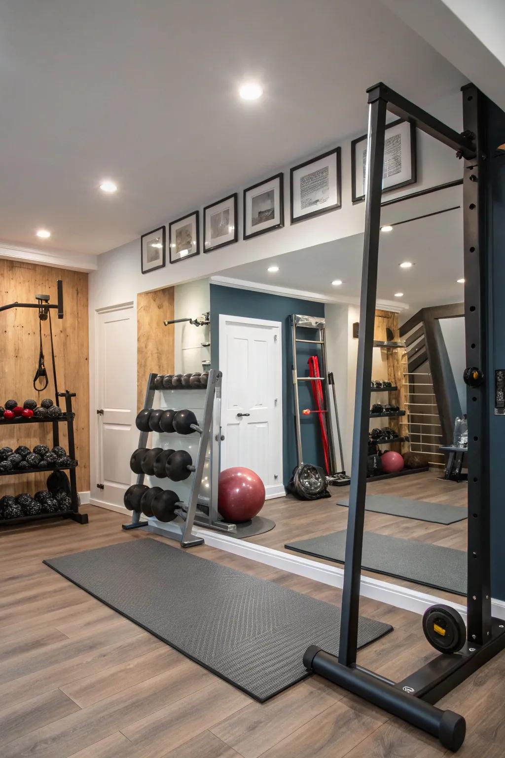 Propped mirrors offer flexibility and style in this gym.