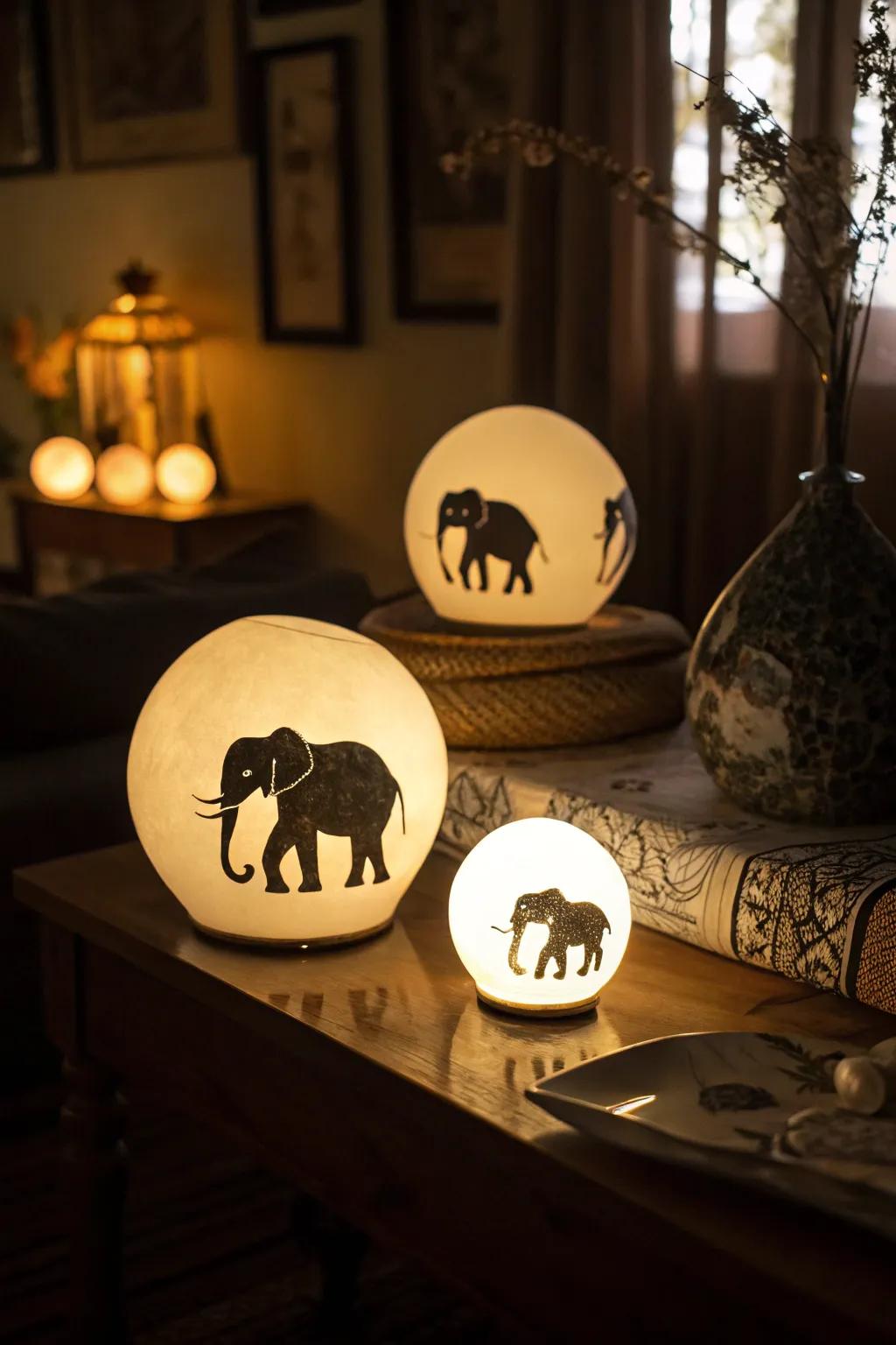 Bewitching gleaming elephant orb centerpiece.