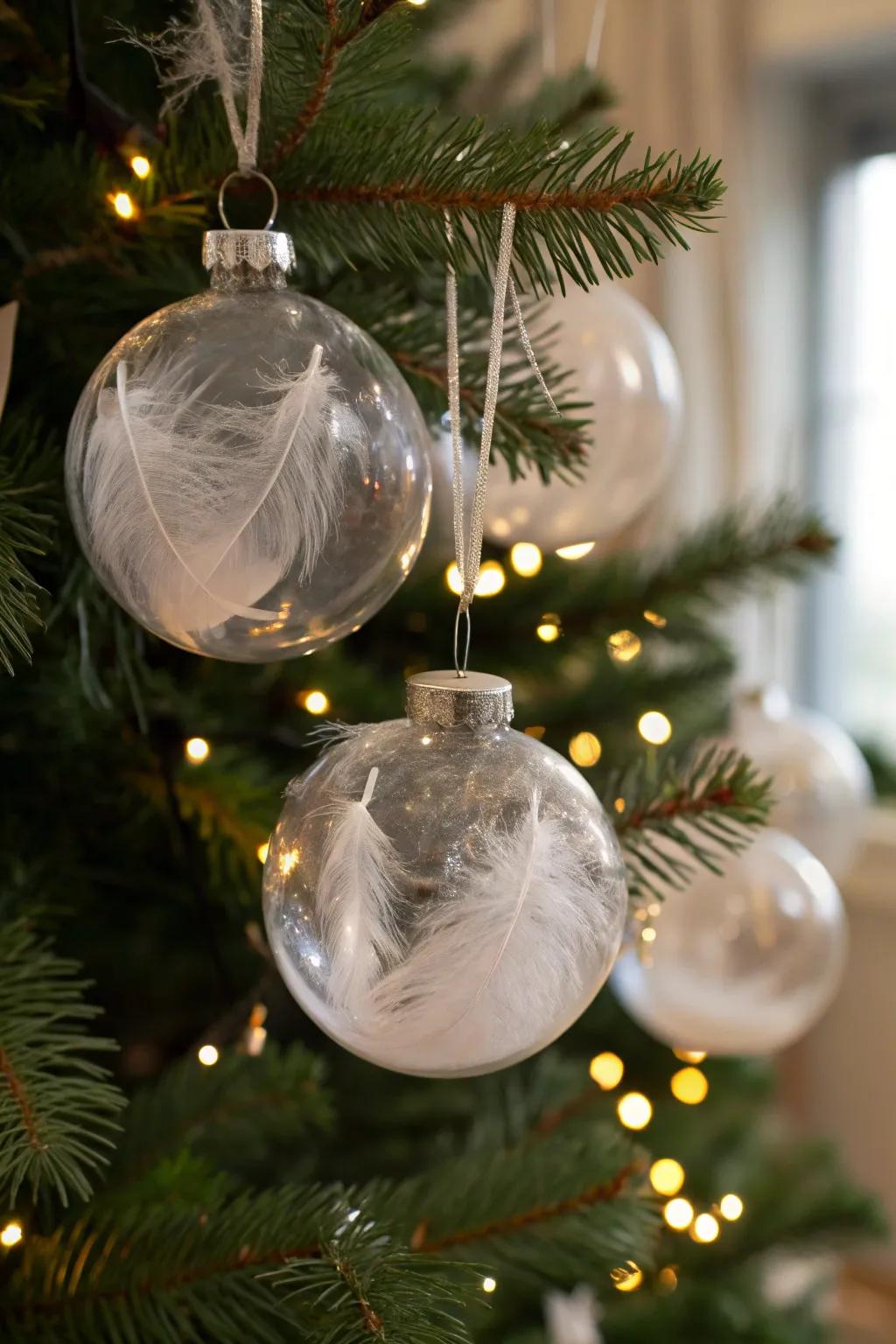 Ethereal plumed baubles appending an airy sophistication to the festive aesthetic.