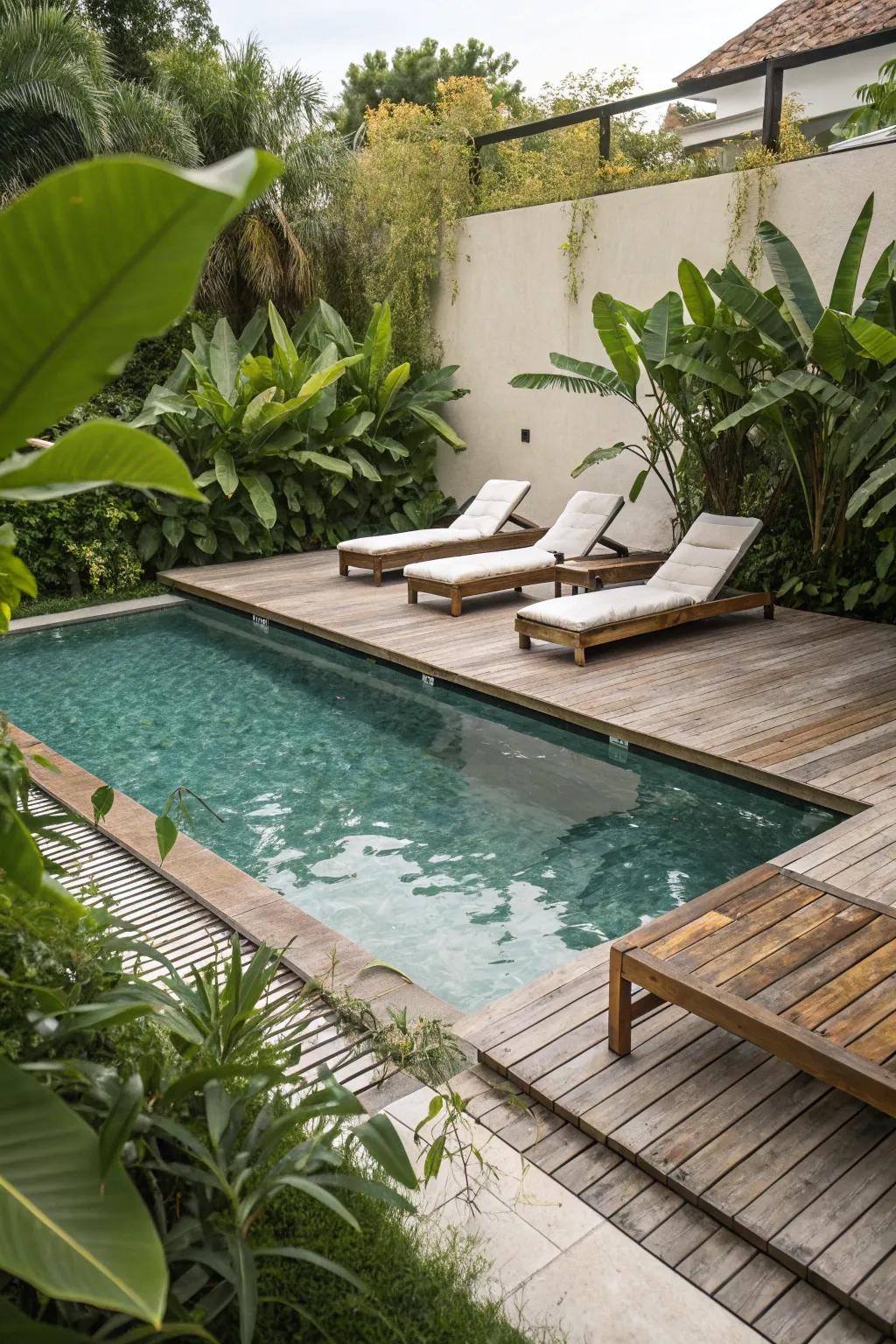 A floating pool deck offering stylish lounging options.