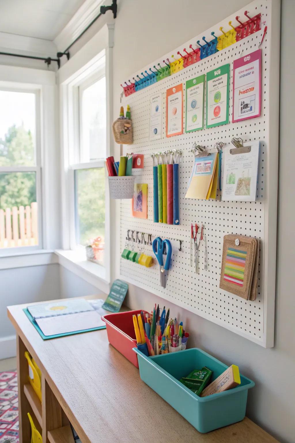 Pegboards organize and add visual interest to homeschool spaces.