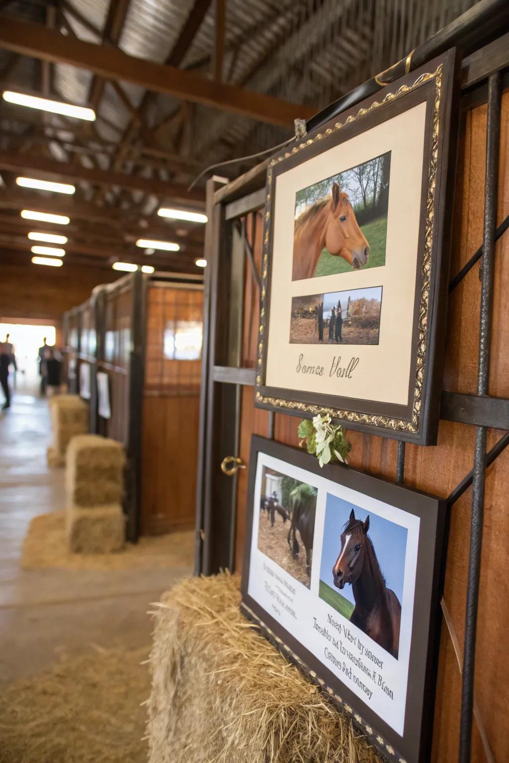 A stall marker with personal portraits of a horse.