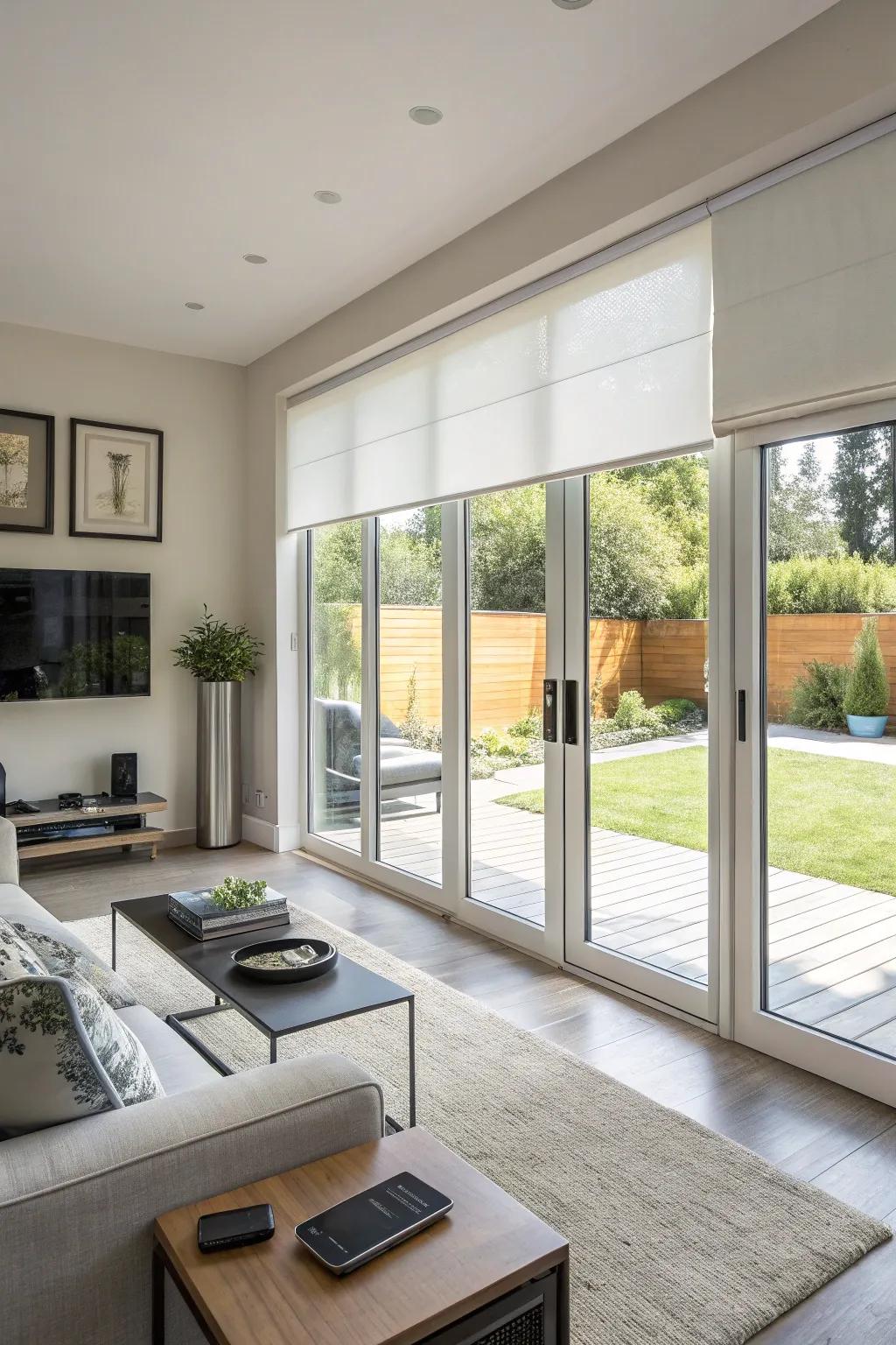 Motorized shades add modern convenience.