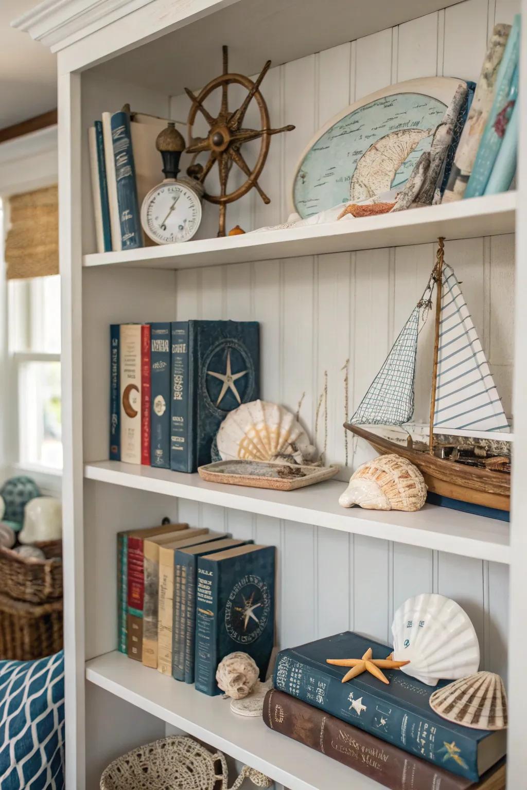 Bookshelf with a nautical theme.