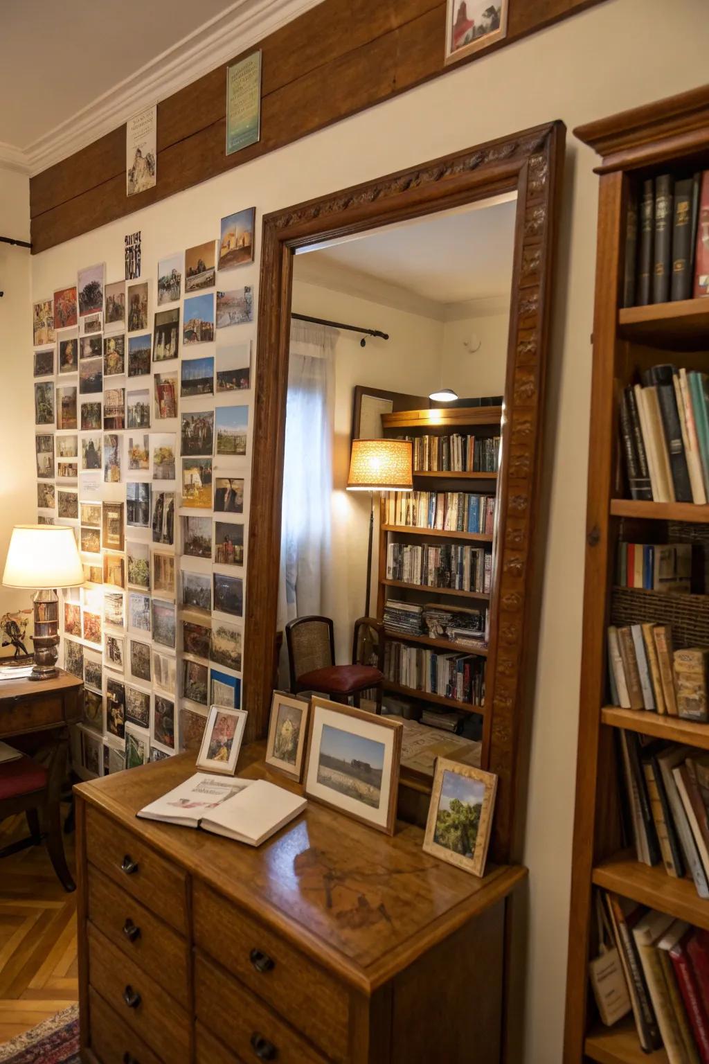 Personal mementos around a mirror creates a meaningful focal point.