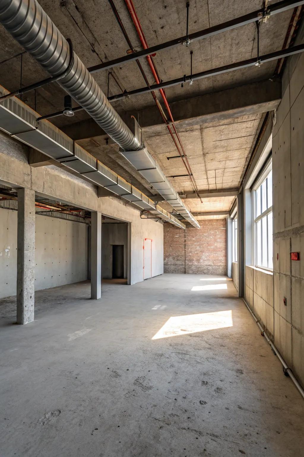An industrial-style room featuring exposed channelwork on the roof.