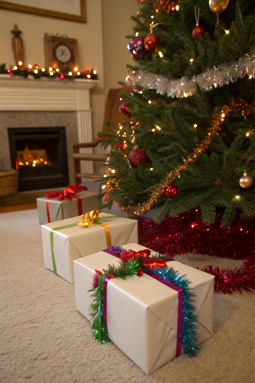 Gifts wrapped using sparkle ribbon for a festive accent.