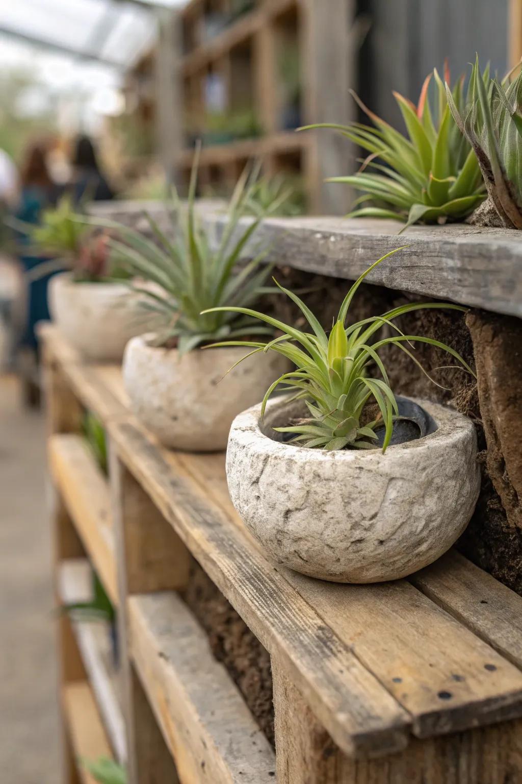 Natural rock cradles showcasing air plants, radiating a robust expression.