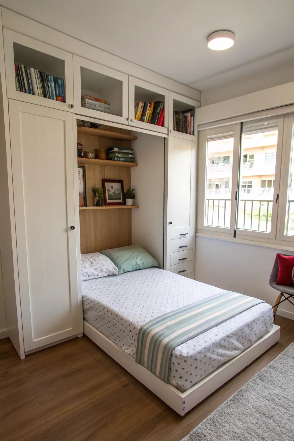 A bedroom featuring a Murphy bed that maximizes space.