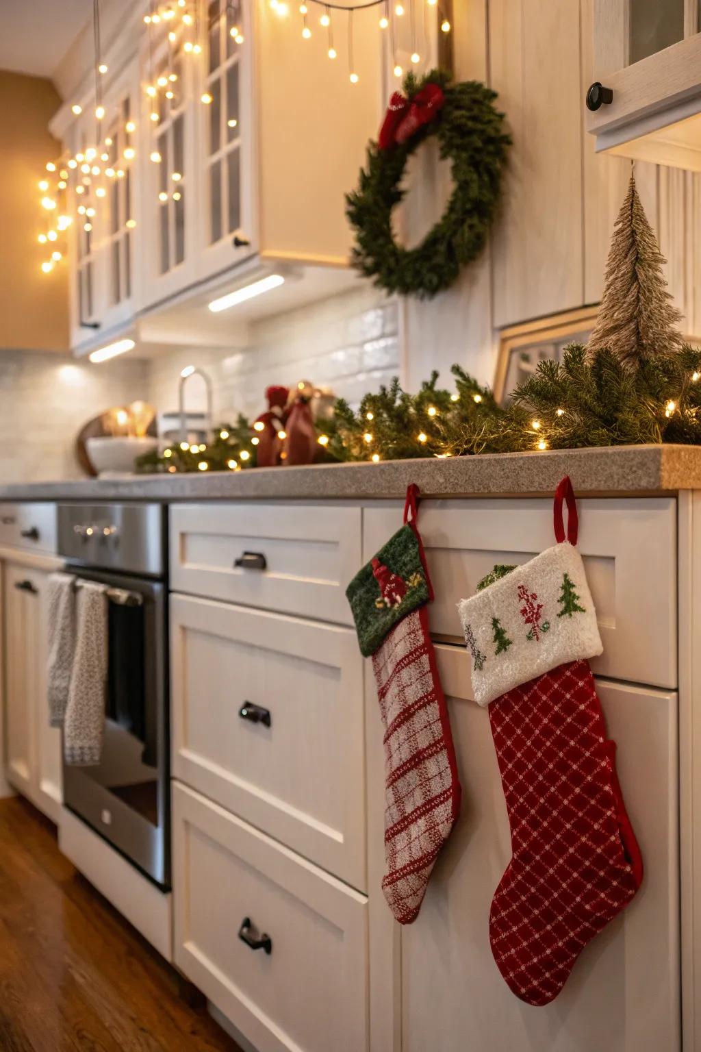 Cabinet protrusions provide a practical and charming method for suspending stockings.