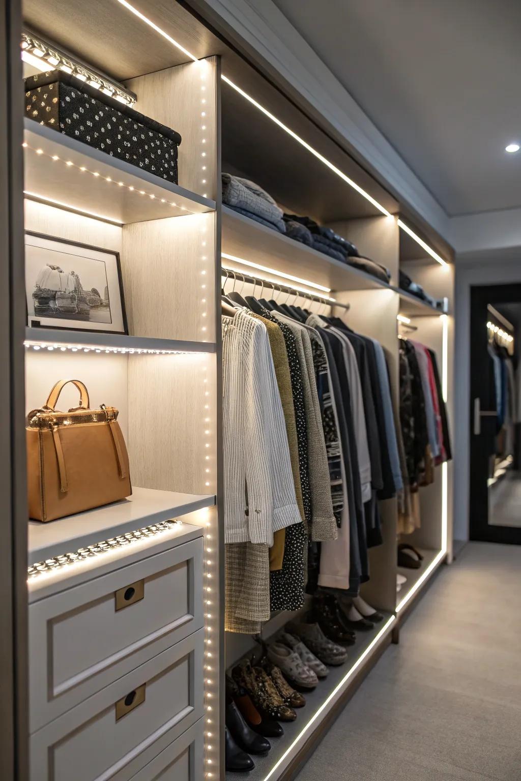 LED lighting makes your closet look better and makes it easier to see how organized it is.