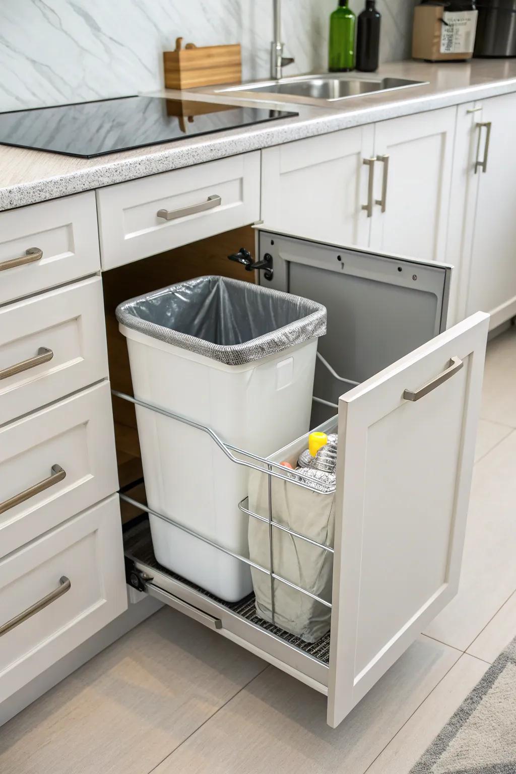 Your kitchen remains organized and tidy with a pull-out trash container.