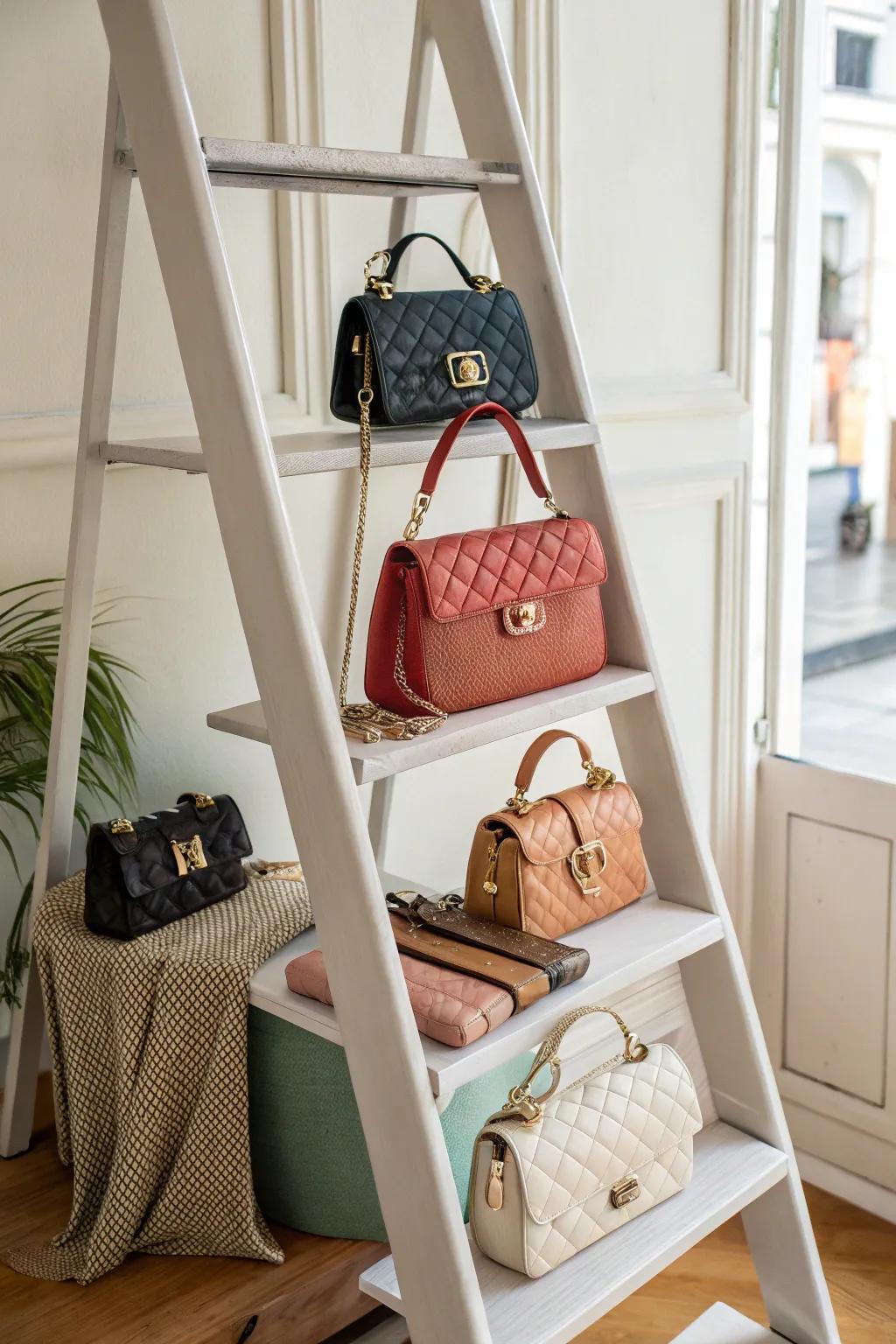 A ladder shelf providing stylish and modern bag storage.
