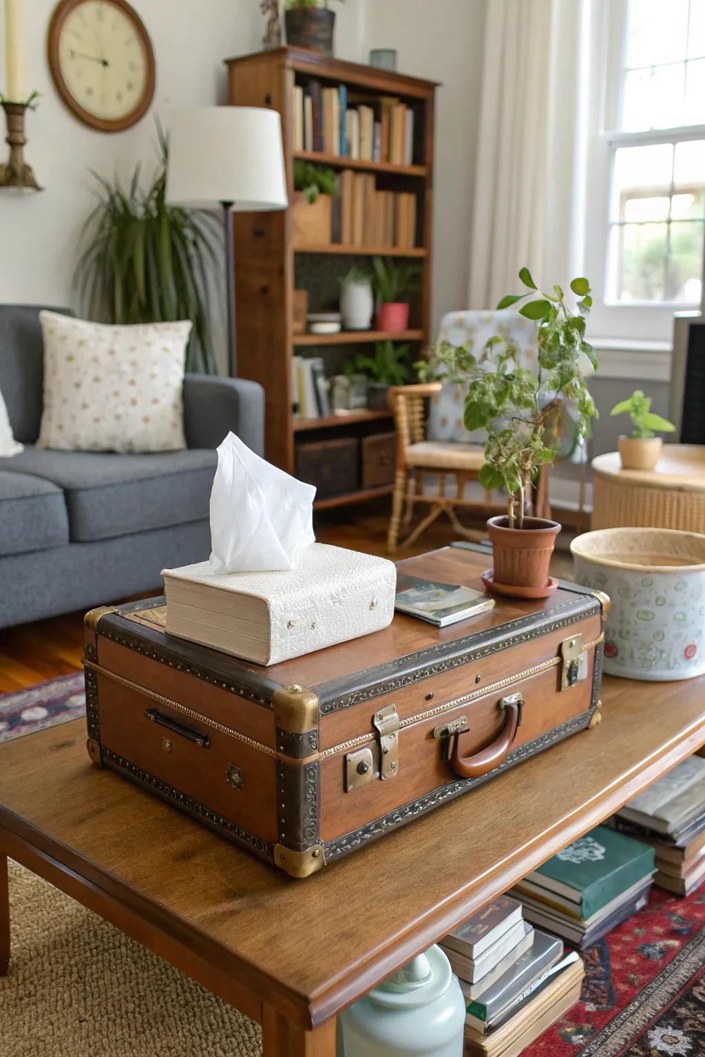 A vintage suitcase adds charm to crepe paper storage.