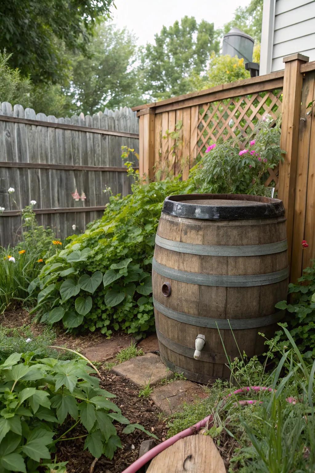 In the garden, a rustic wine cask has been transformed into a captivating compost bin.