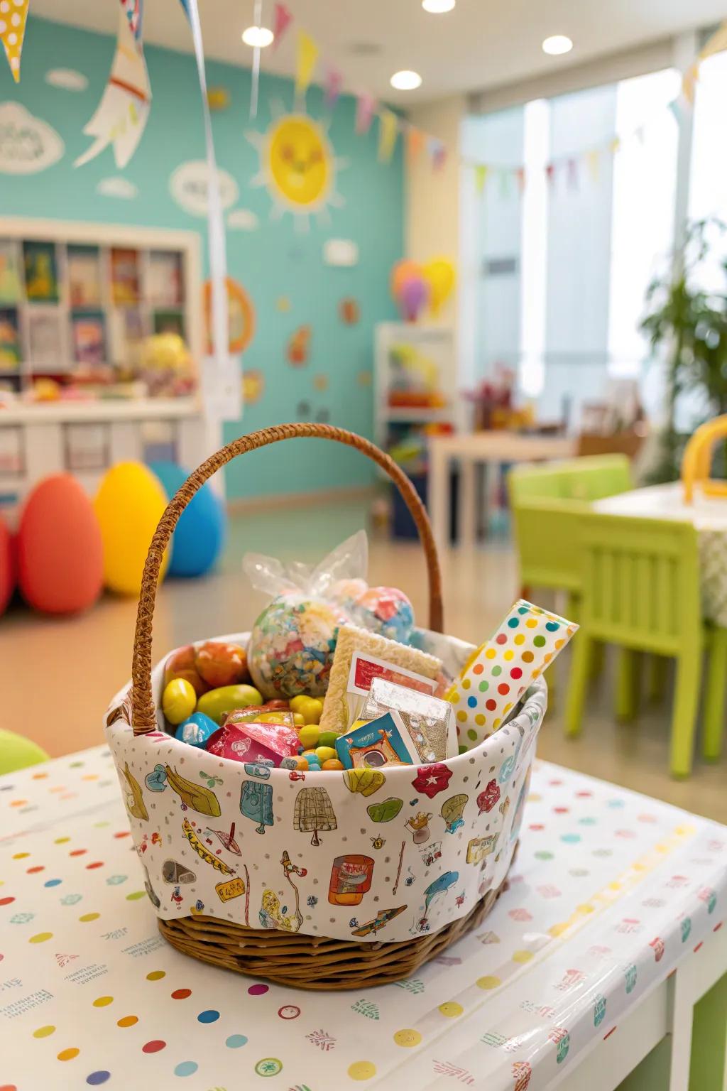 Lively graphic designs bring a fun and lively vibe to gift baskets.