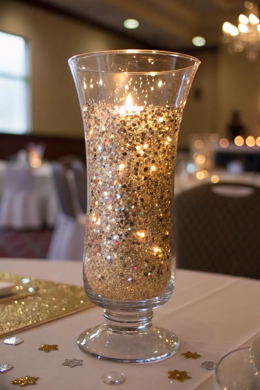 Glitter and metallic confetti inside a hurricane vase for a touch of glamour.