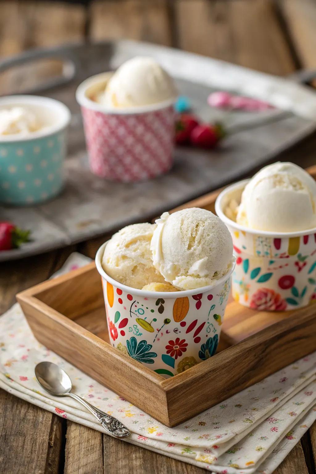 Decorative cups enhancing the visual appeal of the ice cream.