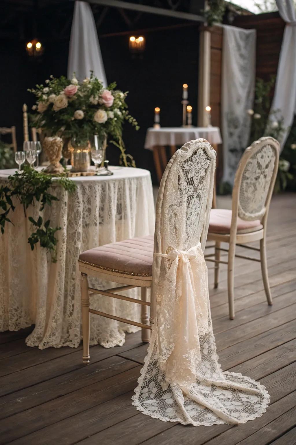 Ageless elegance with retro lace seating covers.