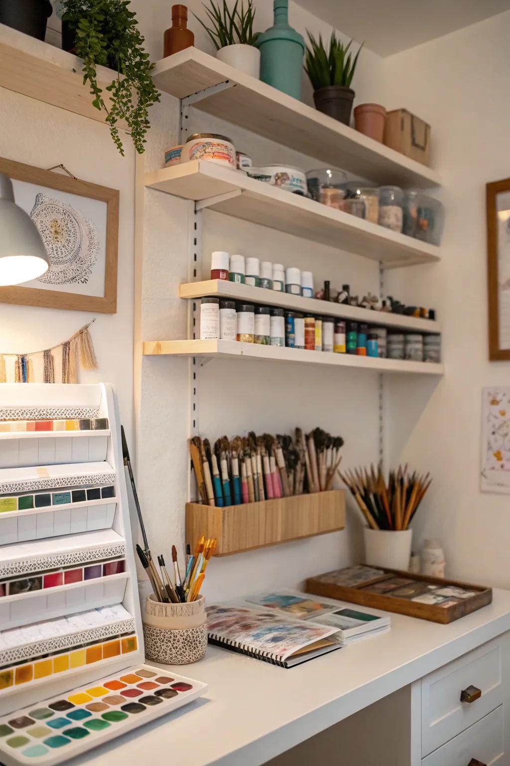 Get creative with shelves in small spaces.