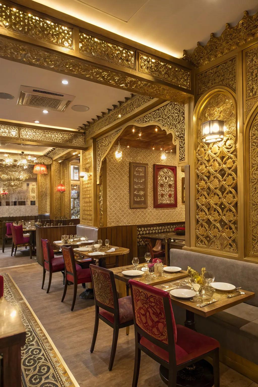 Gold accents impart an aura of opulence in the Indian restaurant.
