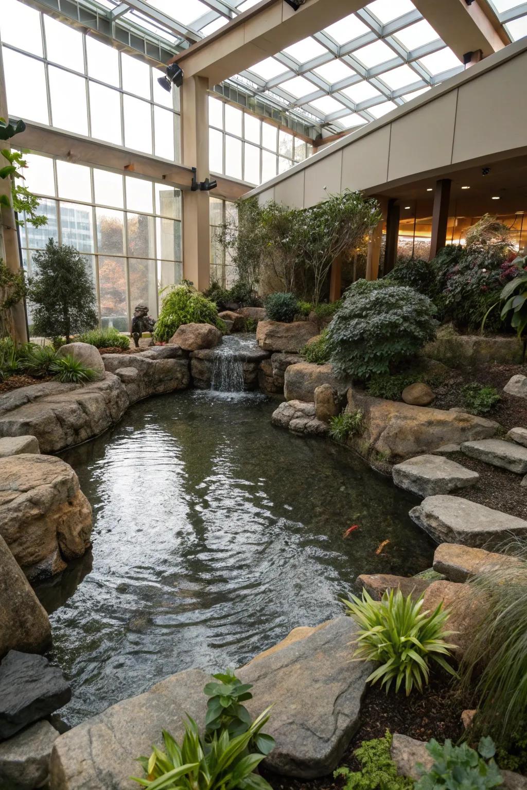 Rock settings contribute an earthy and natural sensation to interior ponds.