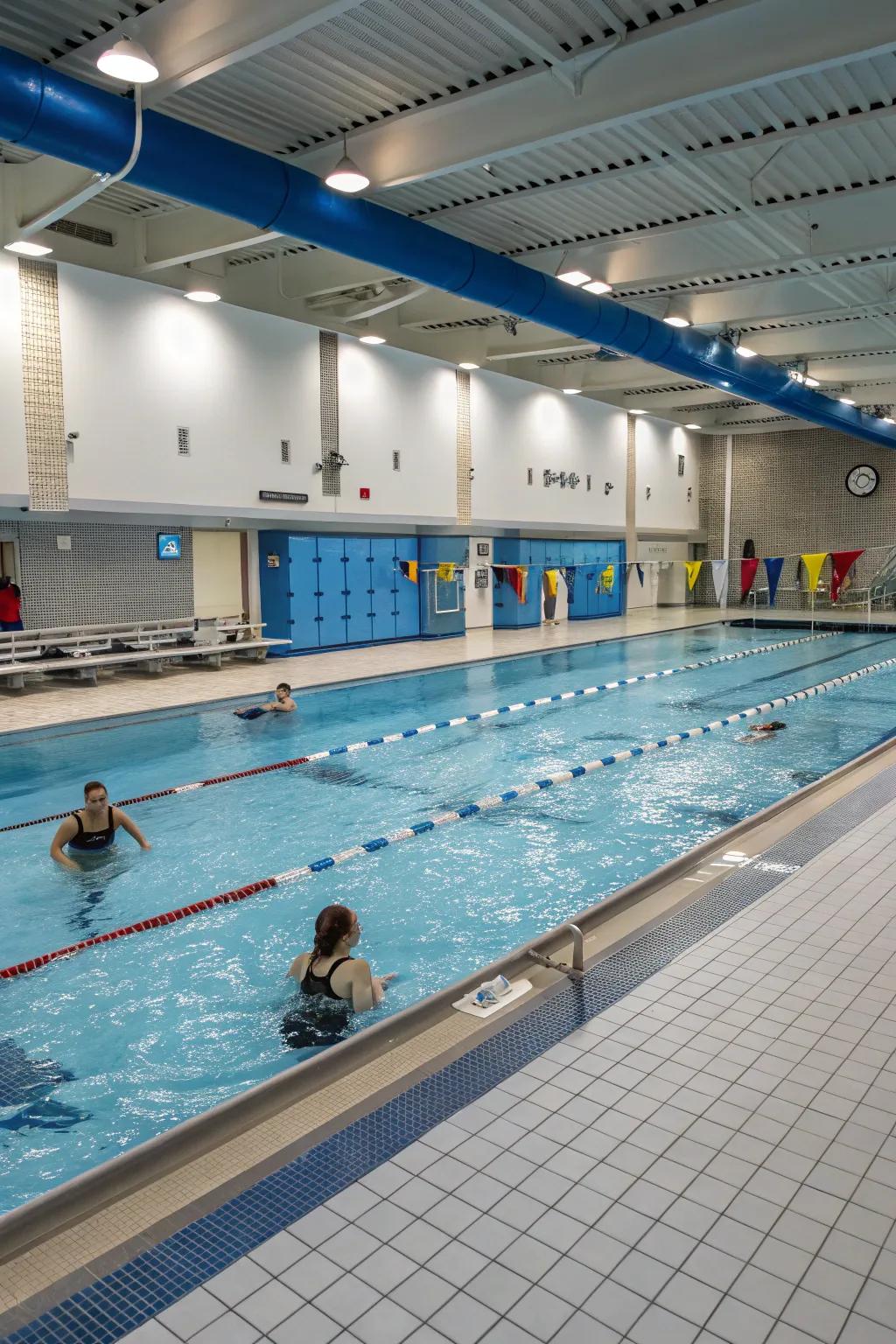 An indoor pool exhibiting a dedicated workout territory