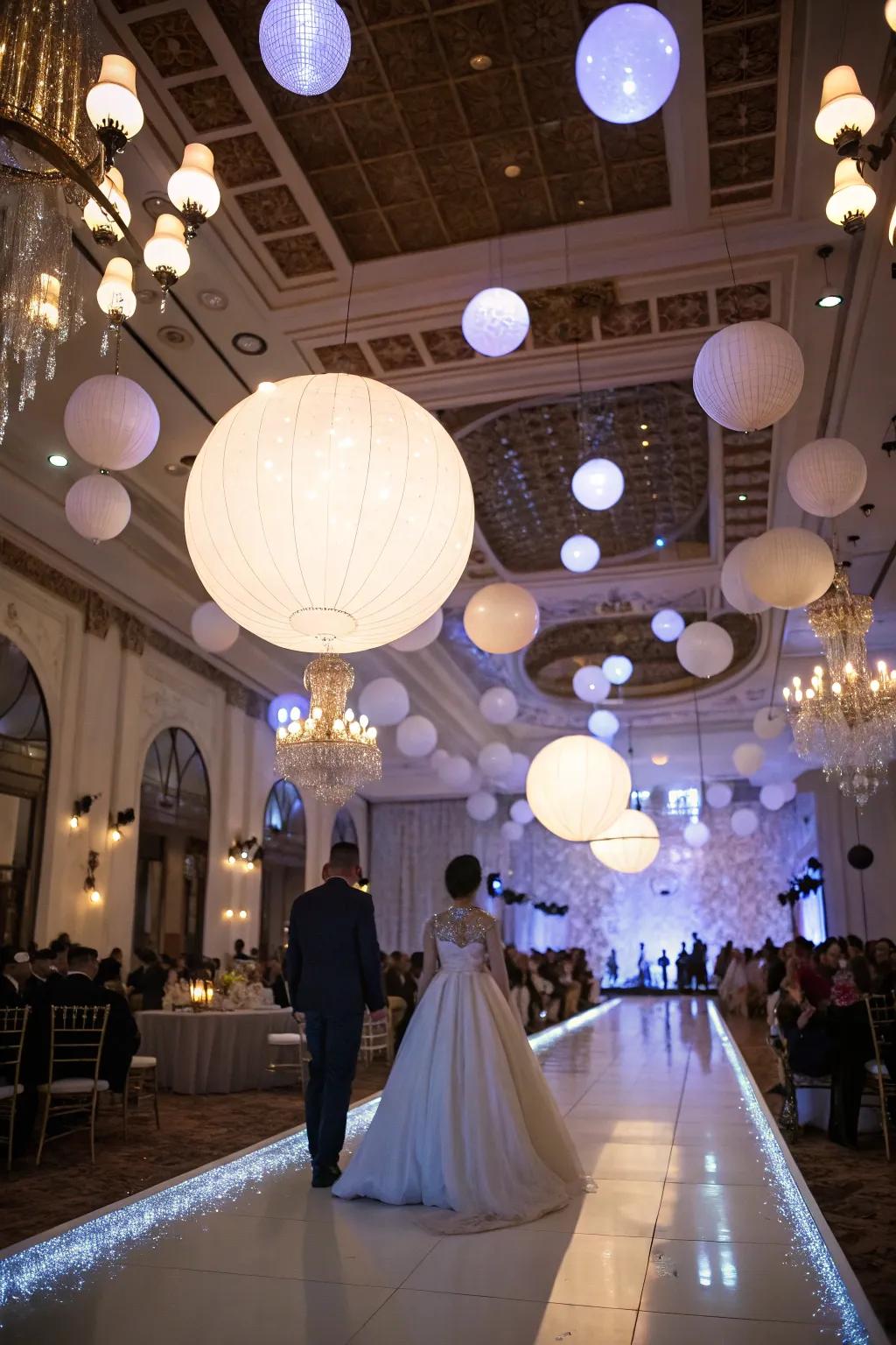 Light spheres creating an enchanting fairy-tale atmosphere at the wedding.