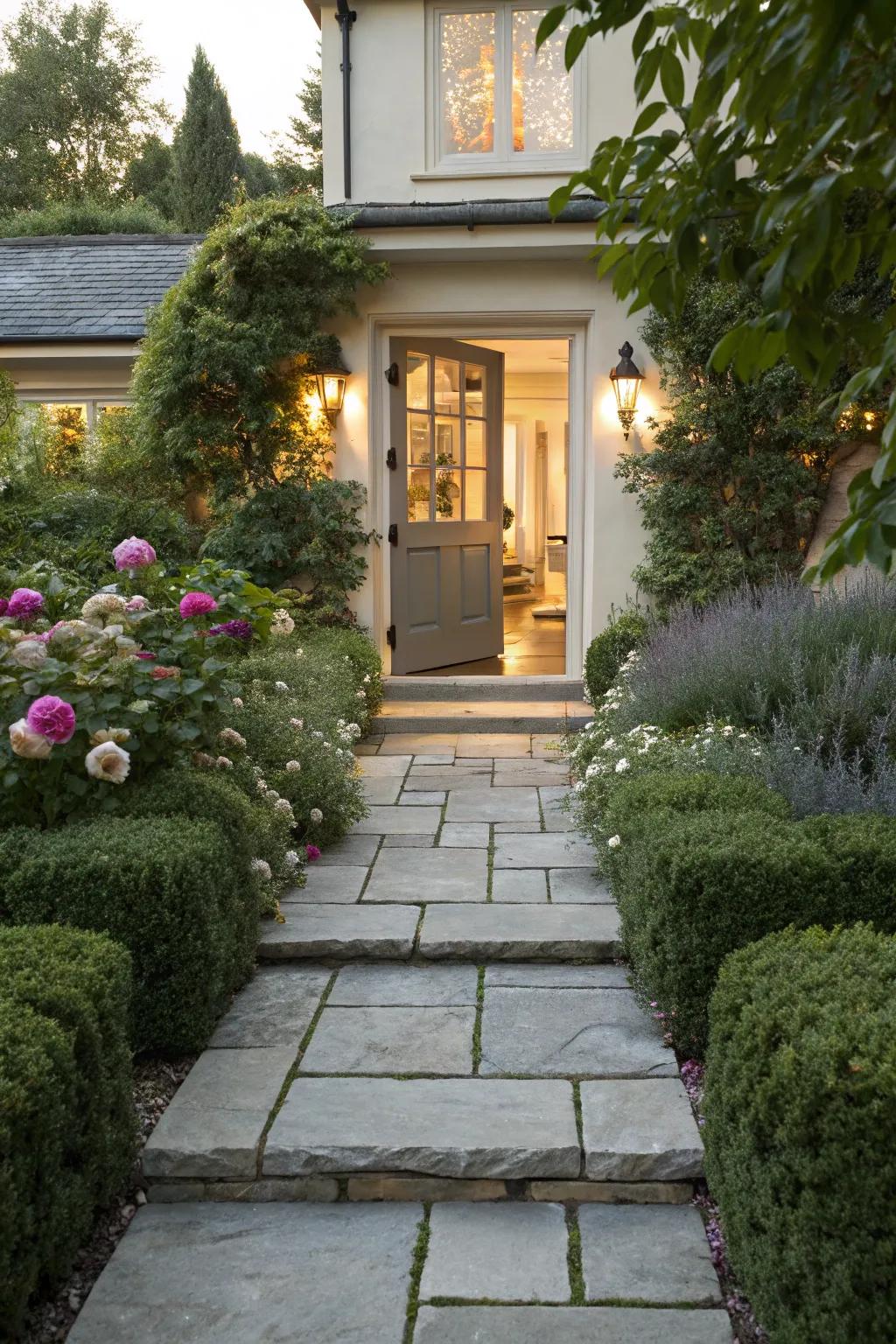 A stone walkway lends charm and guidance to this entrance.