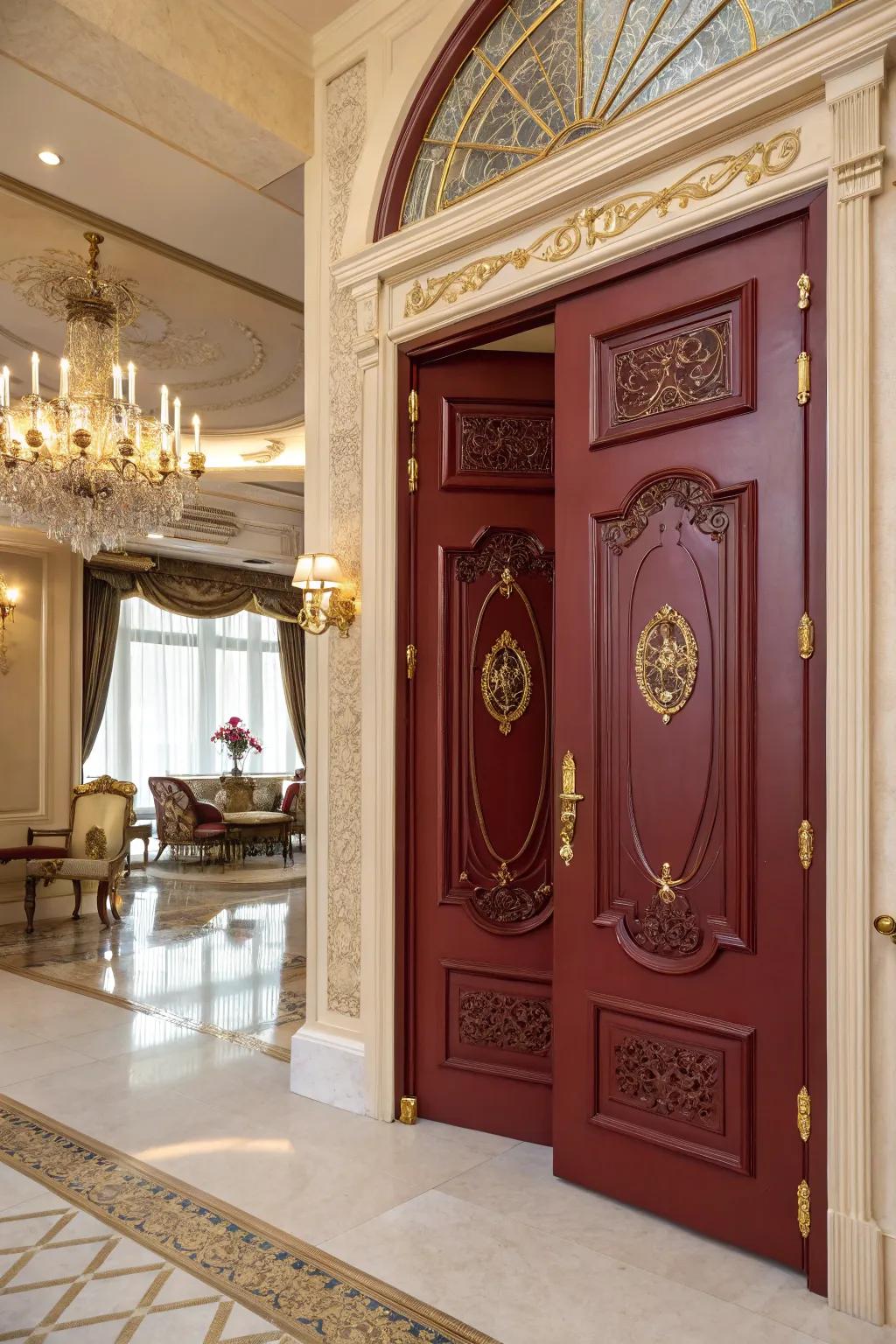 A luxurious crimson hue entrance adding luxury and depth to the entryway.