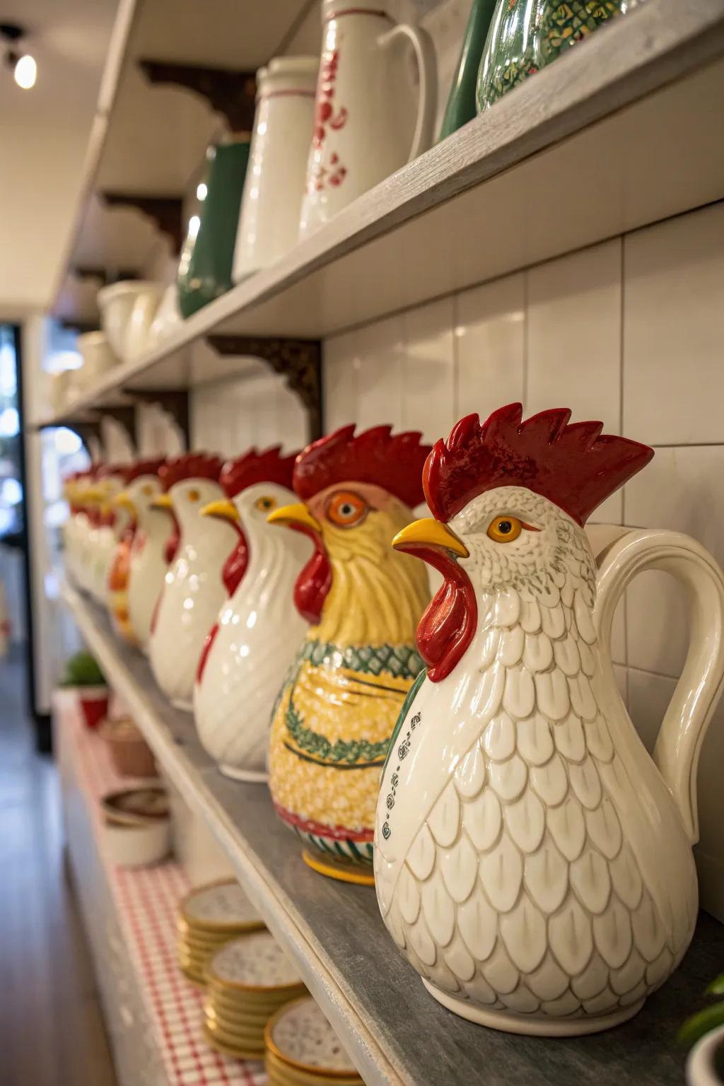 Ceramic rooster pitchers are symbols of luck in Italian design.